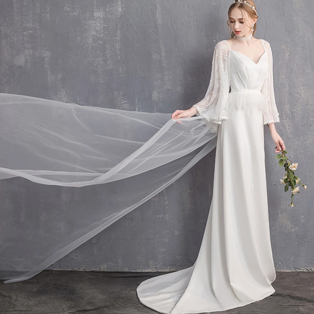 

Dioflyusa Cut-out V Neck Wedding Dress Women Long Sleeve Slit Lace Up Backless Tulle Ball Gown Female White Slim Bride Dress
