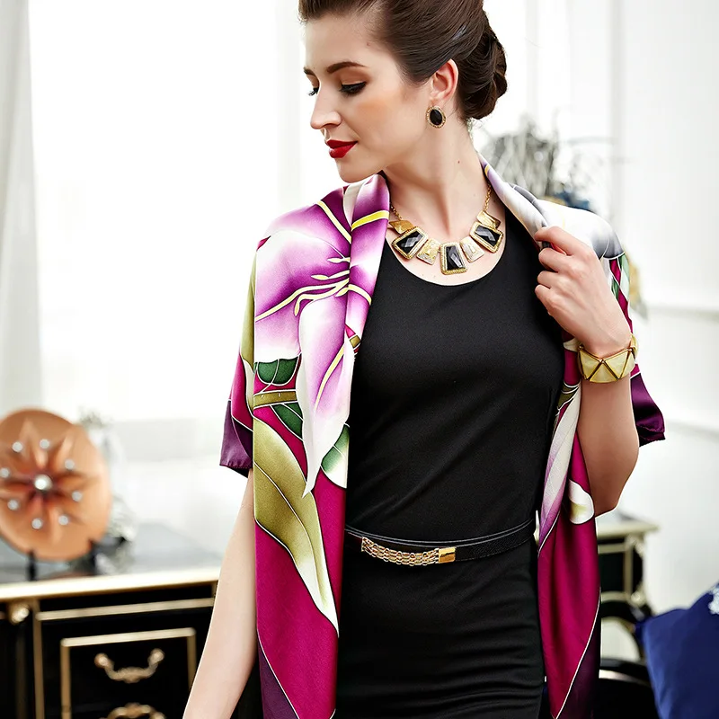

New silk scarf "qianqian lily" heavy weight crepe satin mulberry silk gift scarf silk square