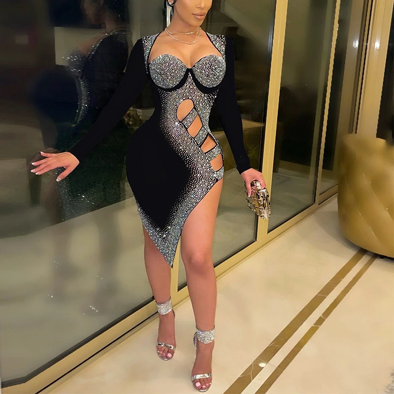 

Со стразами с длинным рукавом Украшенные пошив облегающее платье с разной длиной подола; hemEvening вечерние щелевой мини-платье