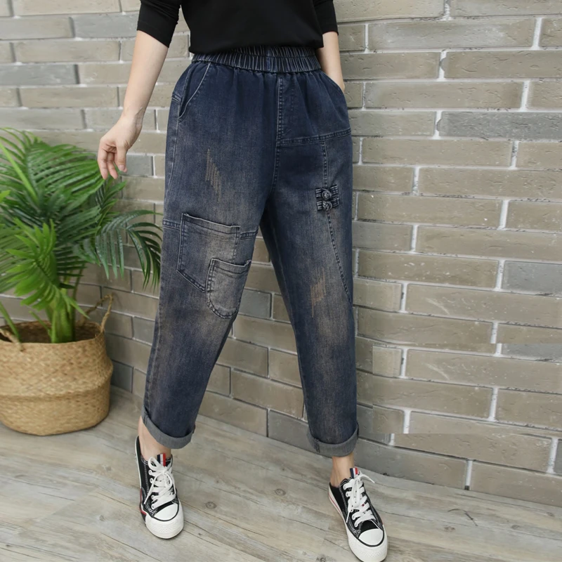 

Make female loose elastic waist jeans haroun pants autumn new feet pants show thin beam