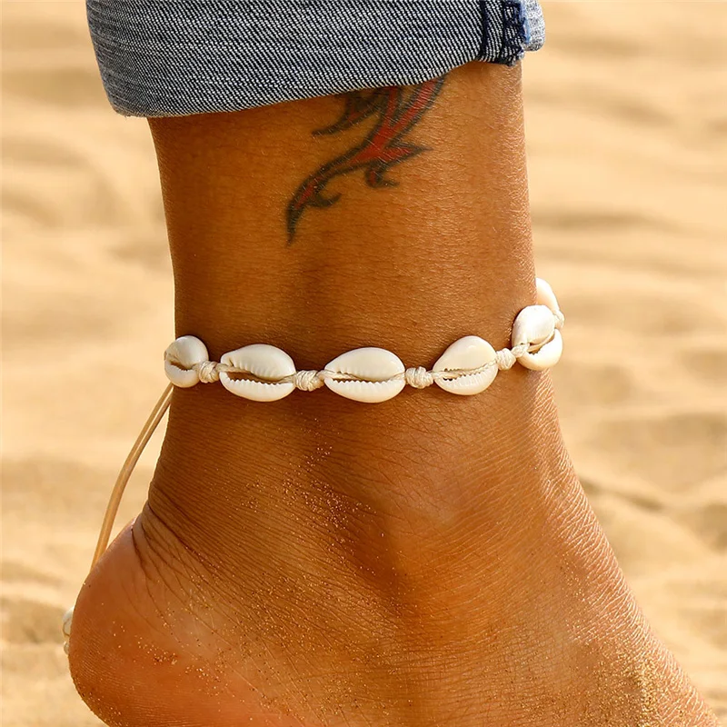 

Bohemian Shell Anklets for Women Handmade Leather Woven Natural Shell Foot Jewelry Summer Beach Barefoot Bracelet ankle on Leg