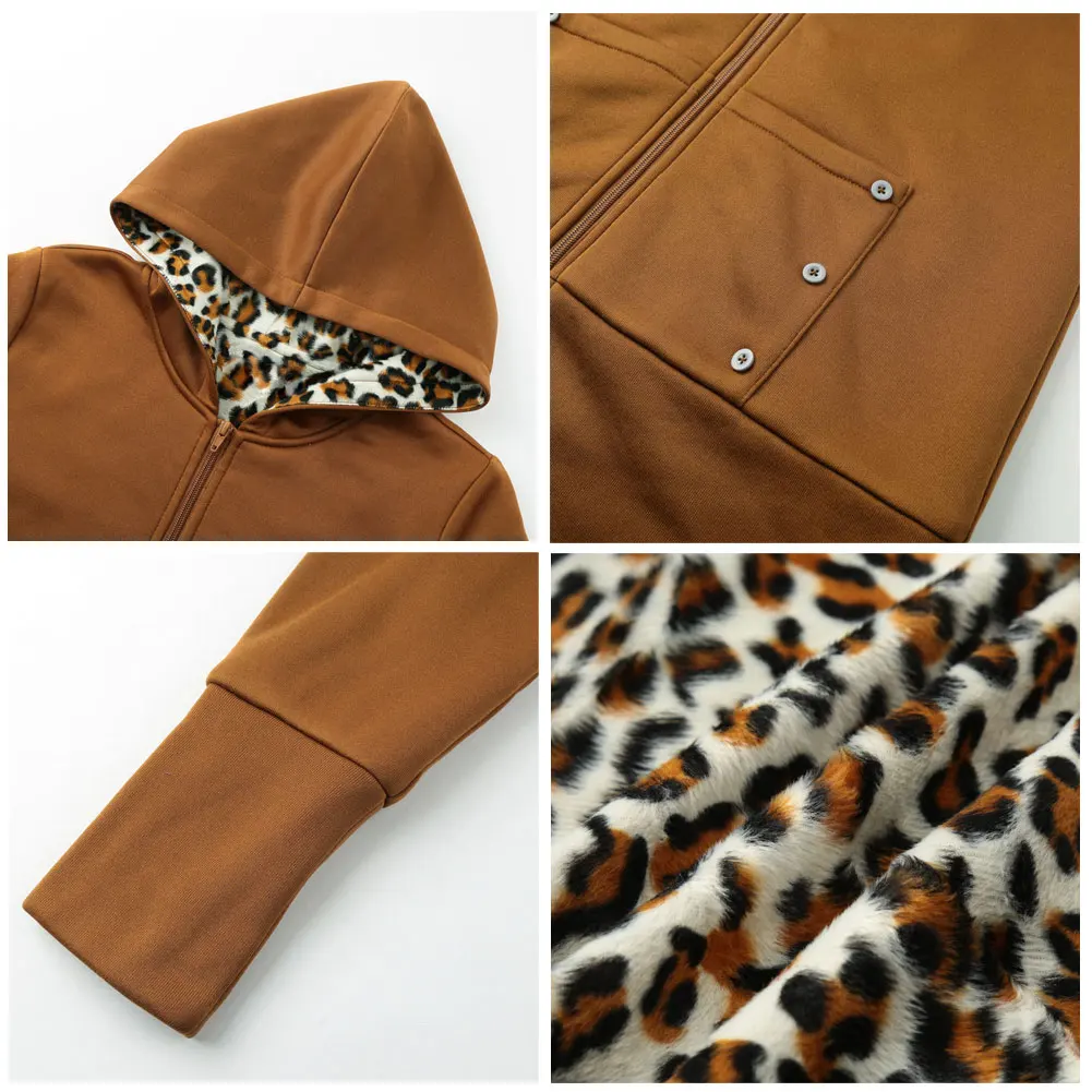 Женские толстовки с капюшоном пальто флисовой подкладкой и леопардовым принтом