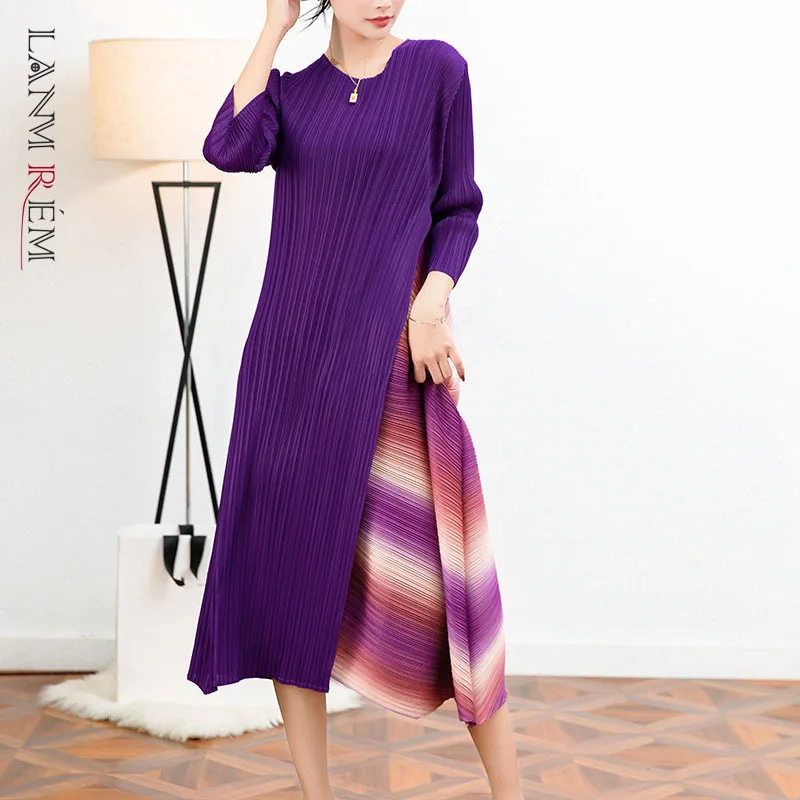 

LANMREM 2022 Autumn New Pleated Dress Female Round Neck Loose Color Matching Irregular Dresses Women's Fashion 2W2150