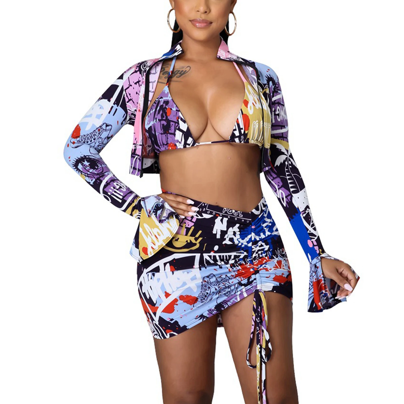 

4Pcs Women Beach Outfit Tied Halterneck Bra + Strappy Bikini Briefs + Long-Sleeve Crop Tops Drawstring Skirt Swimsuit 2021