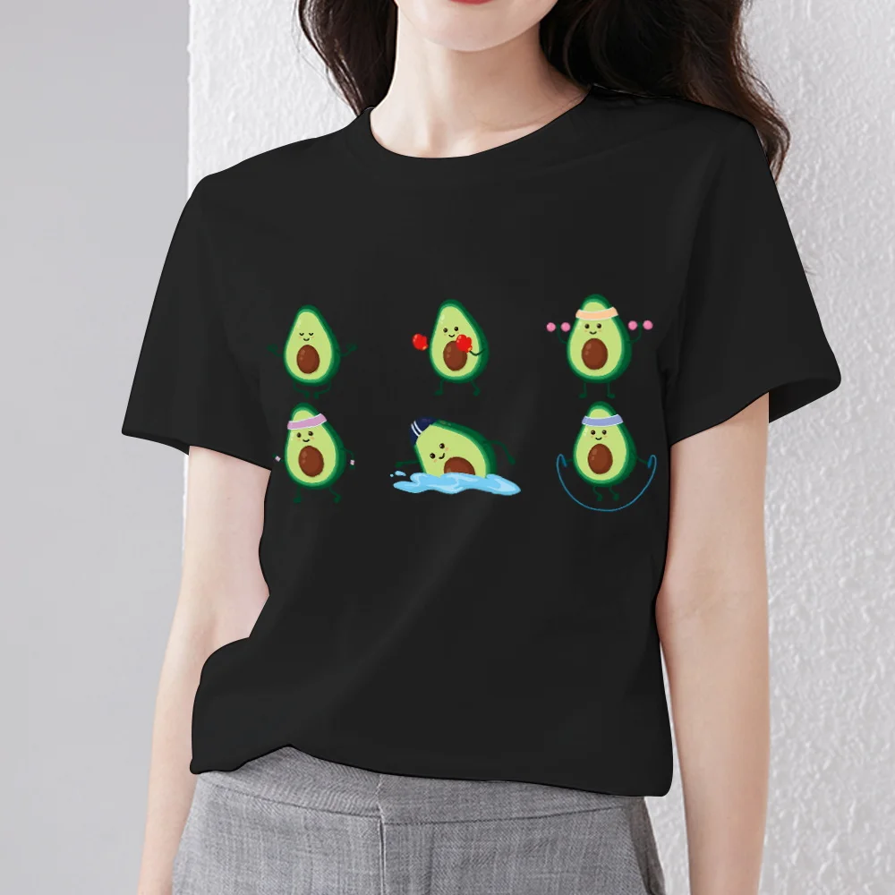 

New Women T-Shirts Summer Black Printed Tshirt for Lady Casual Tops Kawaii Cartoon Fruit Avocado Graphic Tees Short Sleeve Tops