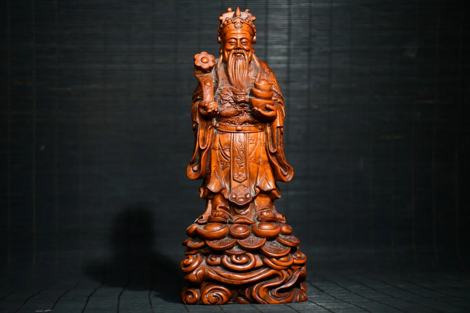 

8" China Lucky Seikos Boxwood God of Wealth Statue Wishful Ingots God of Wealth Buddha Statue Lucky fortune