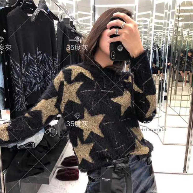 Fashion house spring 2019 fashion line stylish black sweater star mink fleece loose-fitting slim top | Женская одежда