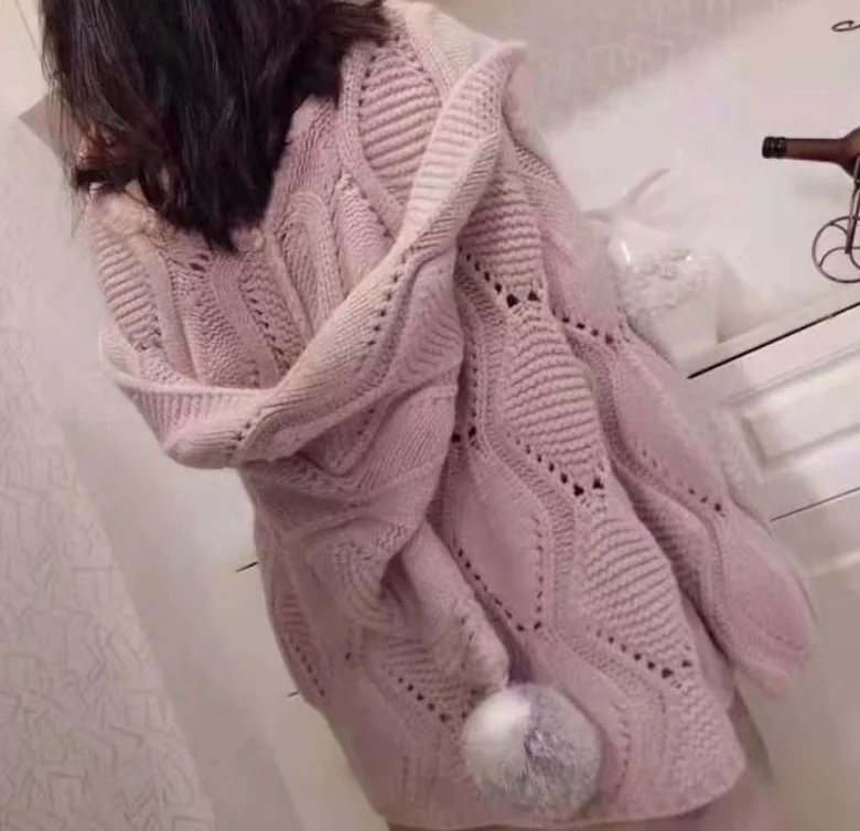 pink Neploe/ Свободный вязаный кардиган с капюшоном и помпоном для волос, Осень-зима, женский свитер, открытая стежка, открытая верхняя одежда, пуловеры 55143 - Цвет: pink