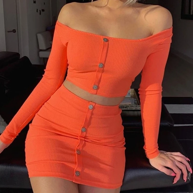 Лидер продаж Женский комплект однотонный оранжевый с круглым вырезом длинными