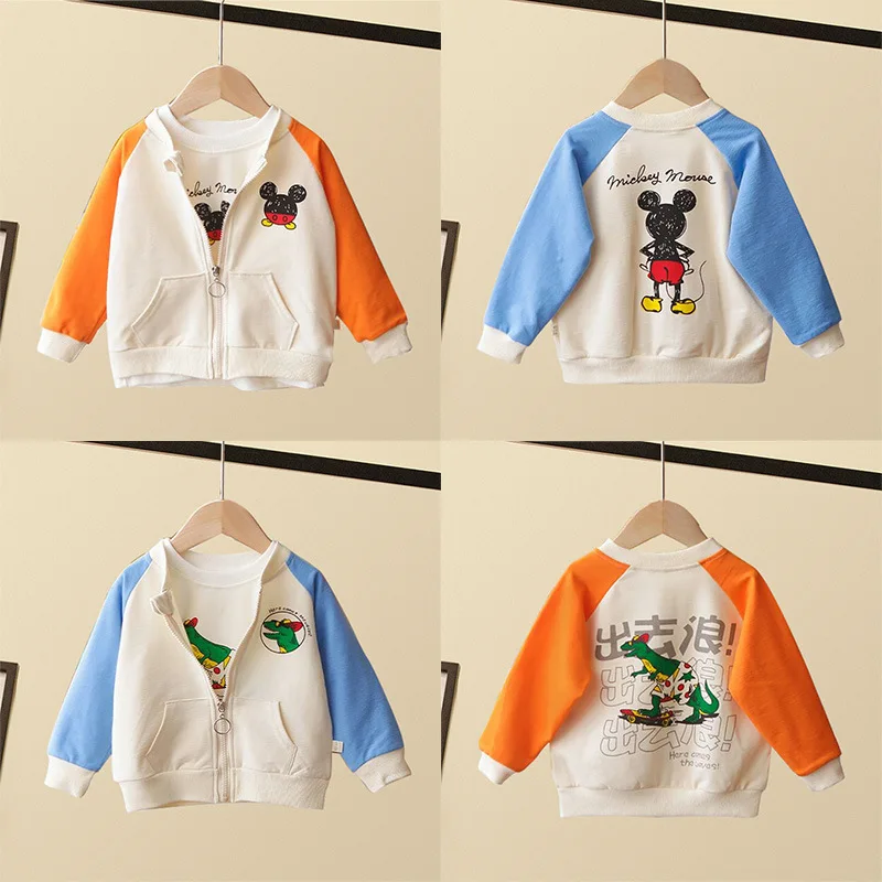 Mickey Girlls Boys Autumn Jackets Children's Zipper Cardigan Sweatshirt Spring Baby Kid Color Matching Top Outwear Clothes | Детская