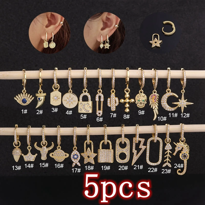 

5pcs Ear Helix Cartilage Ring Conch Tragus Labret Cross Flash Dangle Drop Hoop Septum Huggie Earrings Piercing Set Body Jewelry