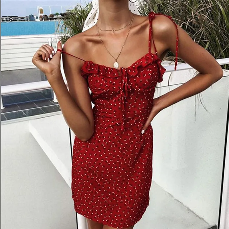 

Musuos Summer Women Boho Mini Sundress Casual Floral Print Sling Straps Ruffle Tie Bandage Bodycon Dress Party Holiday Vestidos