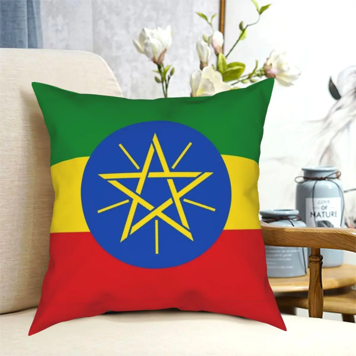

Flag Of Ethiopia Square Pillowcase Polyester Printed Decor Pillow Case for Home Cushion Case