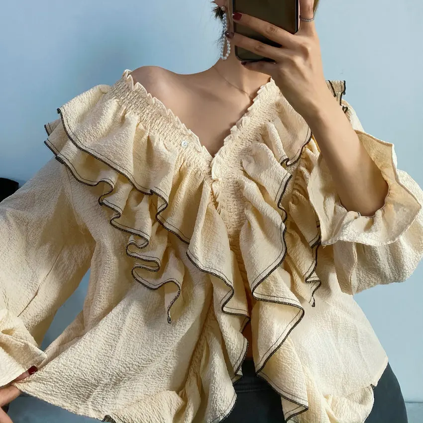 

French Style Women Chic Flouncing Ruffle Design Blouse Beige Smock V-Neck Lantern Long Sleeve Top Casual Romantic Clothes S M L