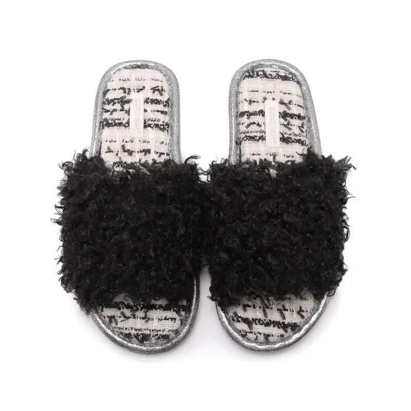 

Shoes Womens Slippers Outdoor Fur Flip Flops Low On A Wedge Luxury Slides Flock Pantofle Plush Designer 2021 Massage Flat Fabric