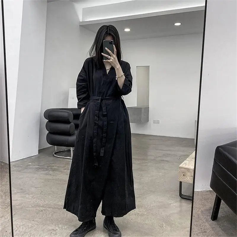 Ladies' One-Piece Wide-Leg Pants Spring And Autumn Classic Dark Fashion V-Neck Casual Solid Color Loose Oversized Pants