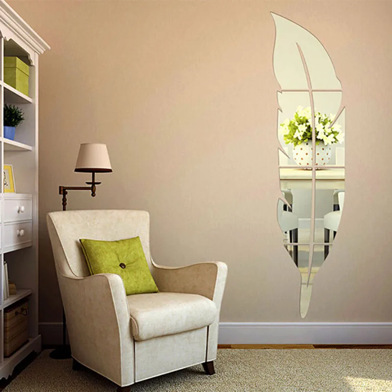 Модная Современная декоративная зеркальная Настенная Наклейка с 3D перьями