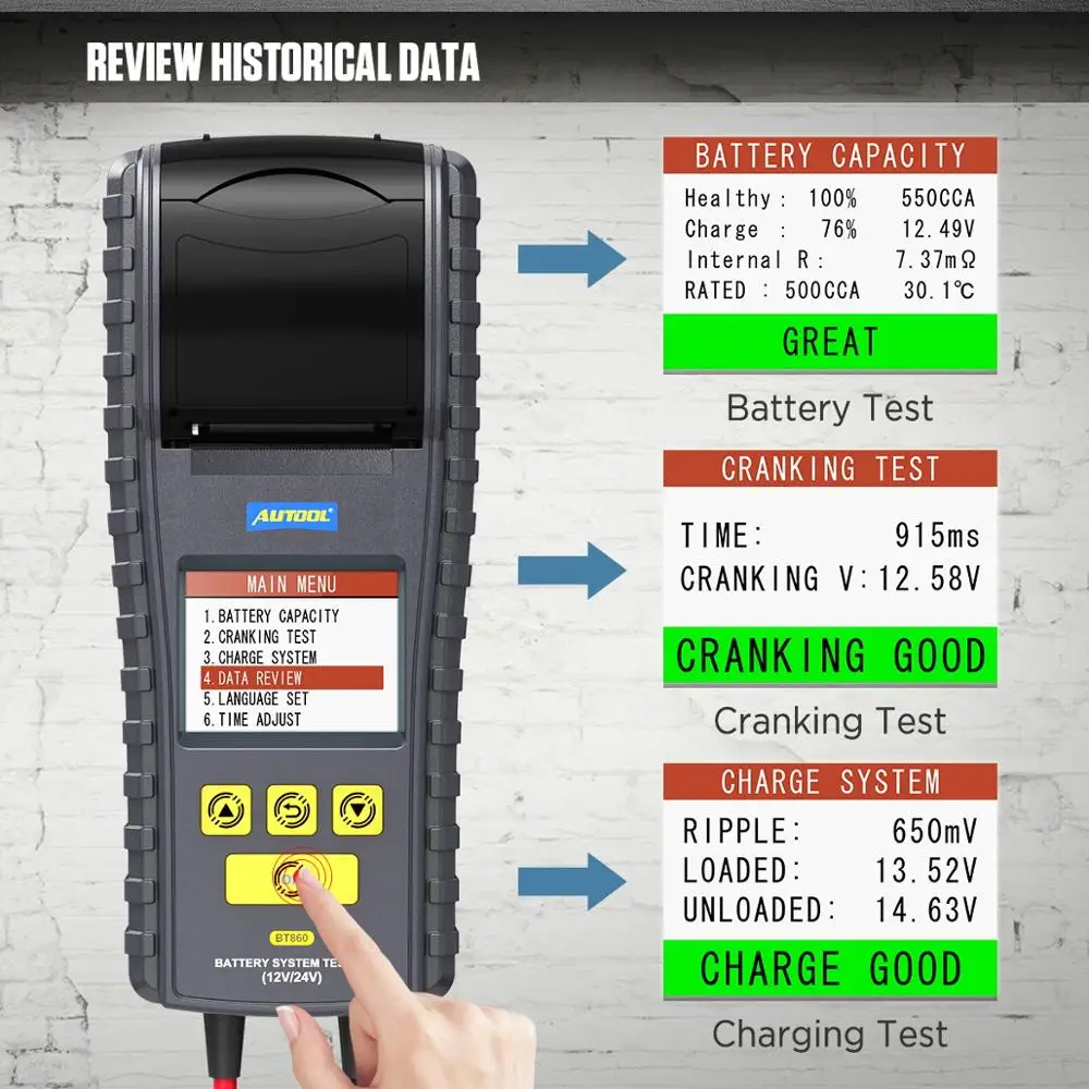 AUTOOL BT860 12 24V Car Battery Tester Truck Cranking Charging Test with Printer Real Time Data Storage 3.2inch Color Screen image 3