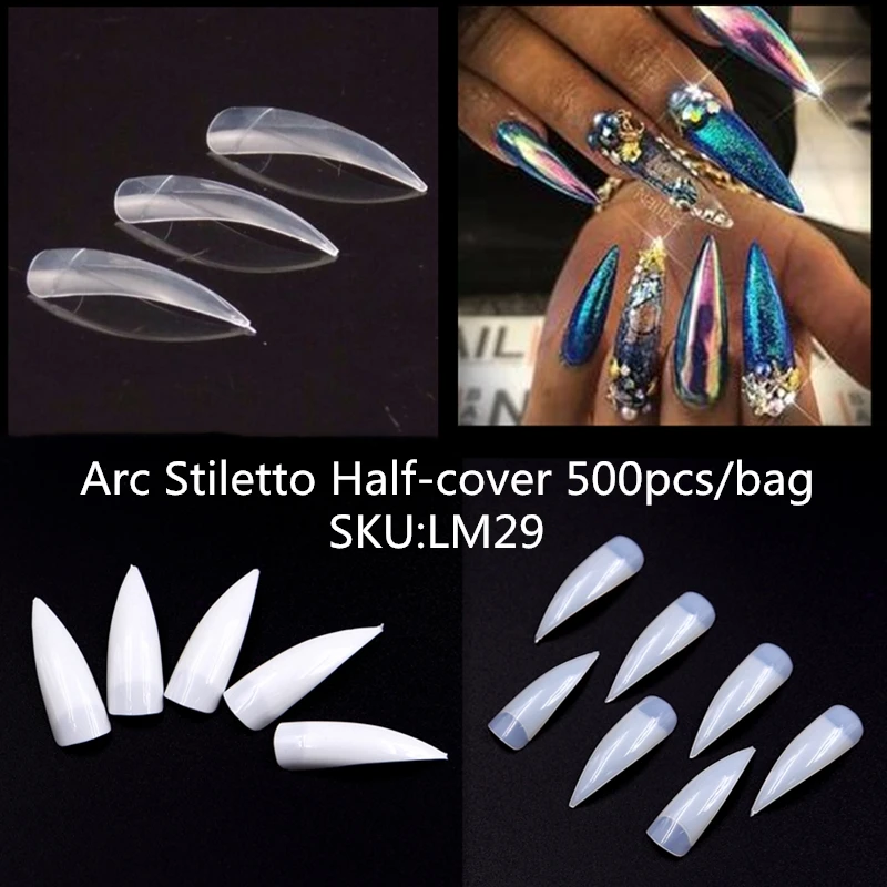 

500Pcs Stiletto Long False Fake Nails Tips Manicure Artificial Nails Salon Half Cover Tips White/ Clear /Natural/Beige Choose