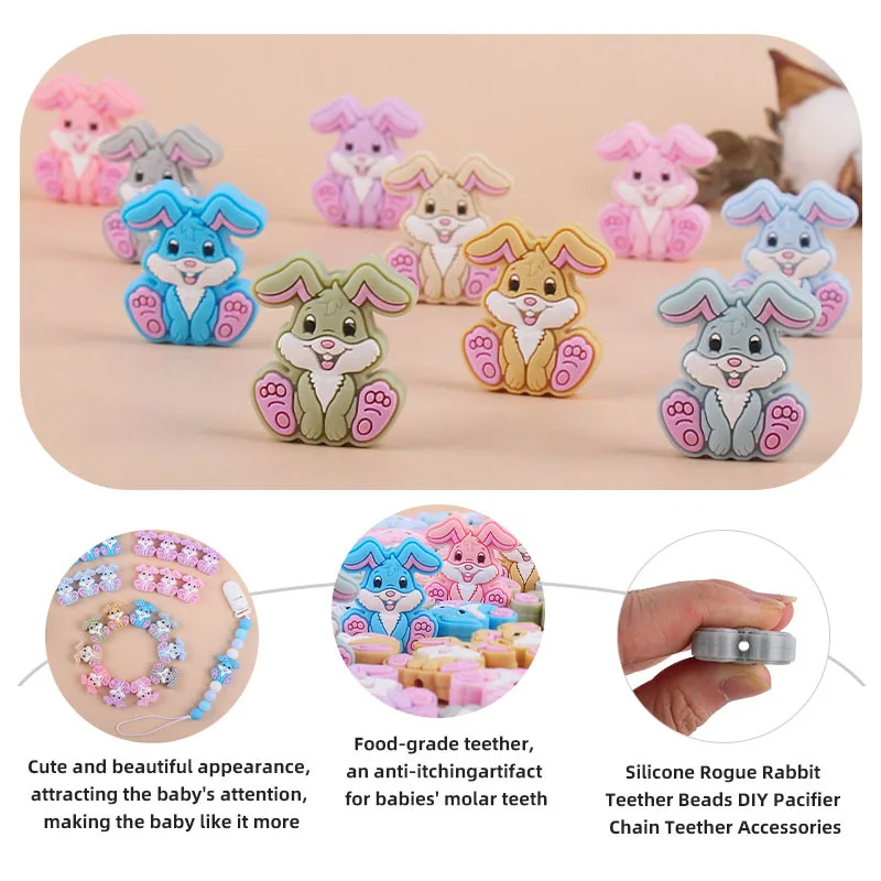 Kissteether-Mini cuentas de mordedor de silicona de conejo, sin BPA para chupete, Clip, collar de dentici&oacute;n, DIY, accesorios de juguete, 5 piezas-3