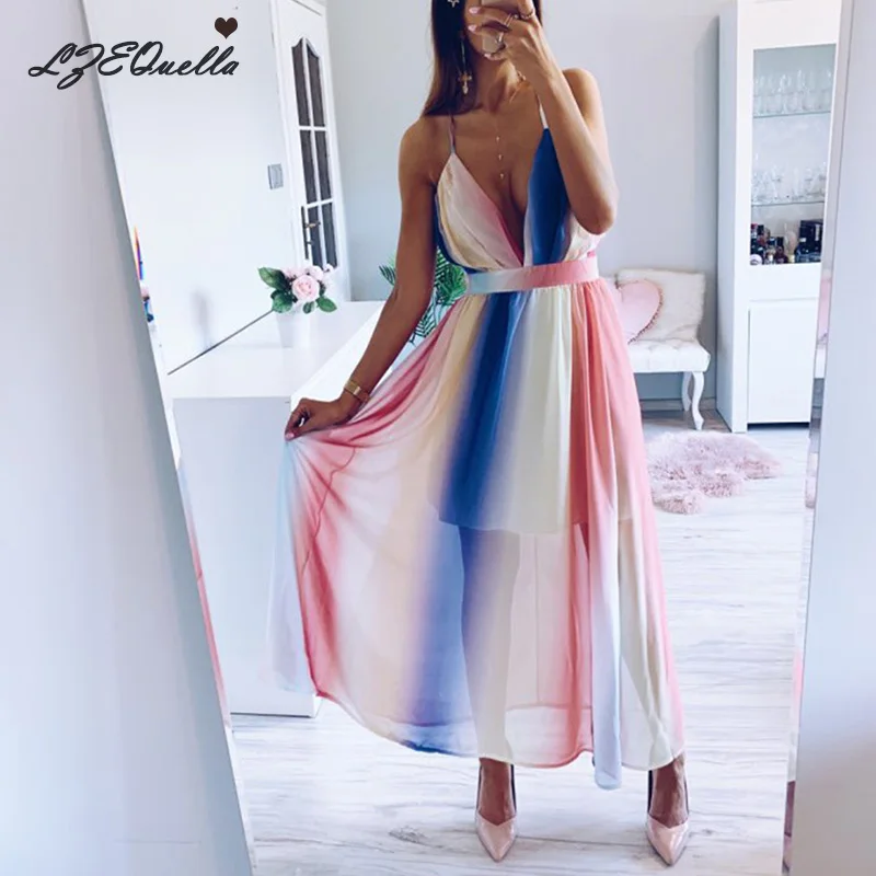 Женское платье без рукавов с глубоким v образным вырезом летнее Свободное