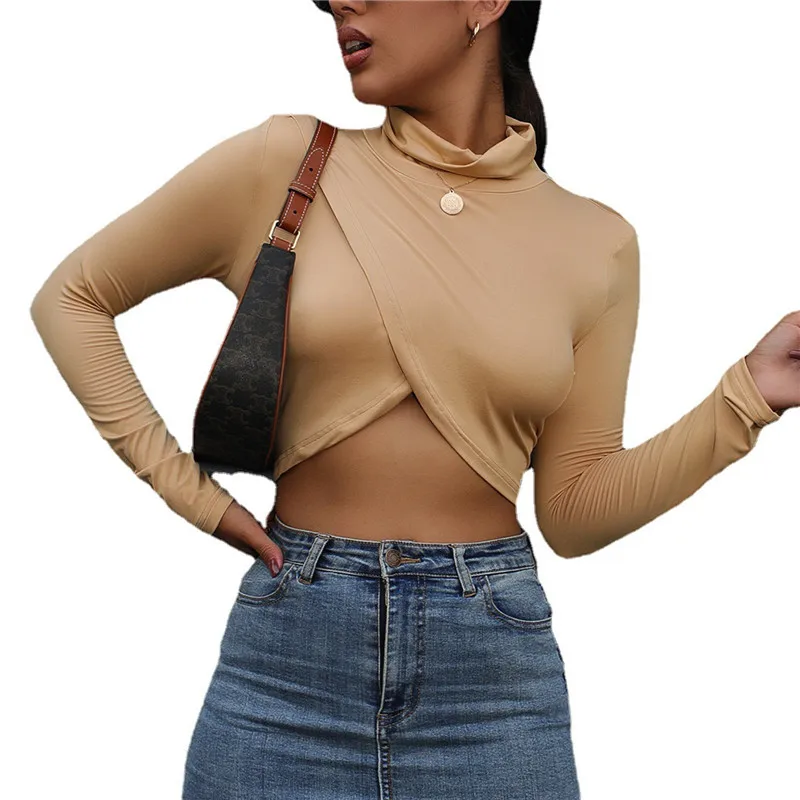 

Women’s Casual Long Sleeve Irregular HemT-shirt Personality Solid Color Slim Crop Top Fit Irregular Exposed Navel Tops