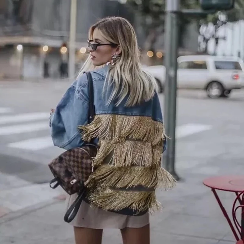 Женская короткая джинсовая куртка роскошная синяя/серебристая вечерняя в стиле