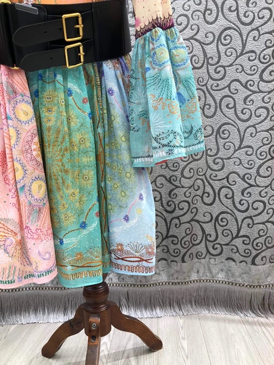 

New 2021 Summer Fashion Style Dress High Quality Clothing Women O-Neck Vintage Print Belt Deco Flare Sleeve Casual Swing Dress