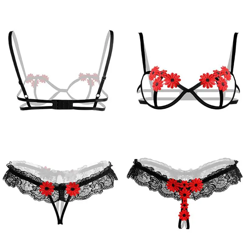 Sexy female sexy open file bare chest rim flower perspective bra set+ embroidery perspective split suit