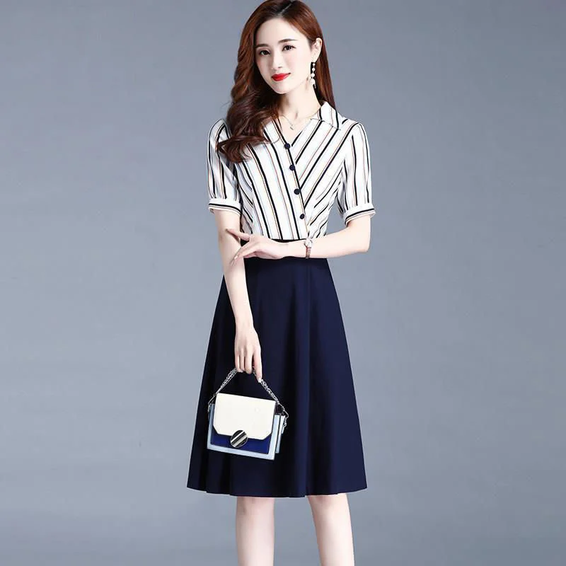 

Female Button Short Sleeve Dress 2021 New Women Summer Dress Ladies Temperament Belt A-line Dresses Summer Stitching Vestidos