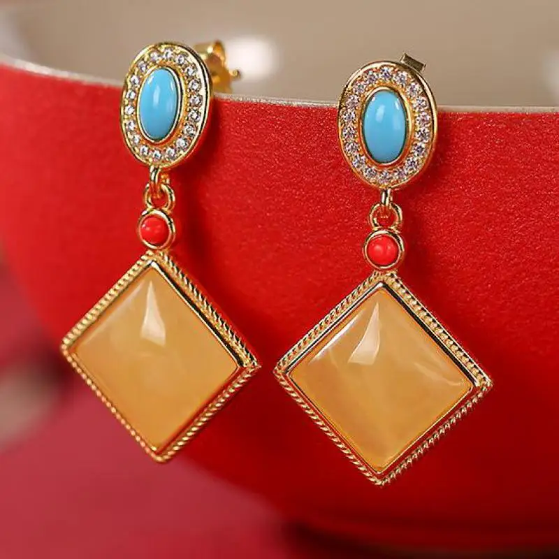 

Natural Amber Earrings Dangle Women 925 Sterling Silver Gold-plated Beeswax Earring With Red Agate Turquoise Ear Studs Jewelry