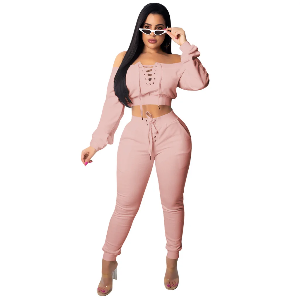 Chándal para mujer, conjunto de 2 piezas, camiseta Sexy con hombros descubiertos, camiseta con cordones, juegos de pantalones largos, trajes para mujer Sp656