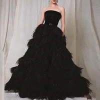 black a line evening gowns sexy strapless feather tiered prom dresses saudi arabia zipper back robe de soiree custom made