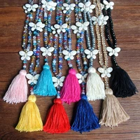 ethnic white turquoise butterfly charm sweater chain long necklace colorful crystal tassel pendant necklace jewelry for women