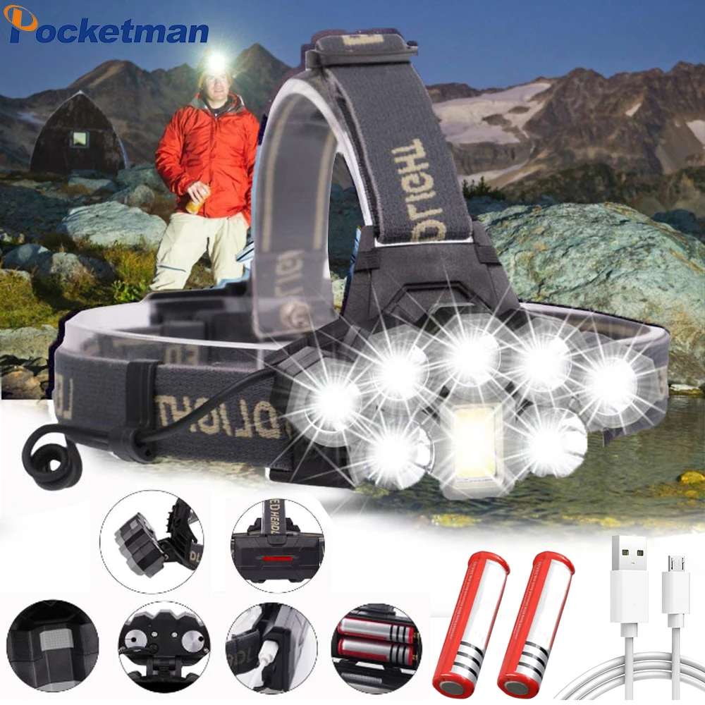 

USB Rechargeable Headlight Super Bright Headlamp 2*T6+5*Q5+1*COB LED Head Lamp Flashlight Torch Head Light Lantern 18650 Battery