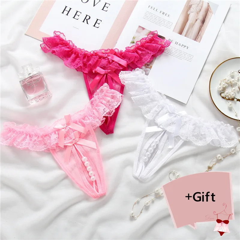 

3PCS Sexy Fashion Lace Pearl Private Underwear Thong Panties Open Pants embroidered Allure Panties Erotic For Women Body Jewelry