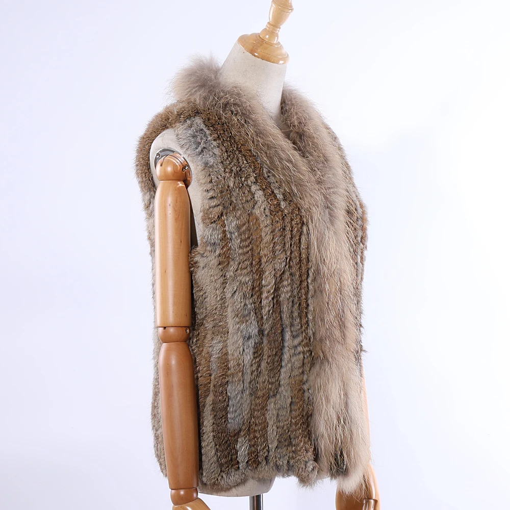 SUPPEV&STTDIO 2020 New Women's Genuine Rabbit Fur Knitted Raccoon Fur Collar Vest Vests Real Fur Sleeveless Gilets Wholesale