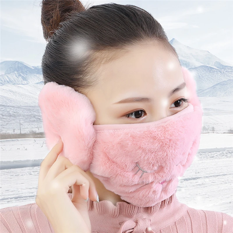 

Women 2 In 1 Warm Mask Earmuffs Cute Cartoon Cat Printed Autumn Winter Thicken Plush Wear Accessories