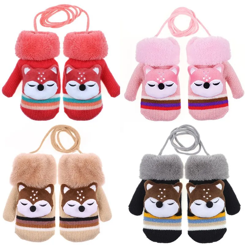 

Cartoon Fox Baby Mittens Winter Warm Kids Baby Girl Gloves Knitted Children Toddler Teething Mitten Thick Plus Velvet Baby Stuff
