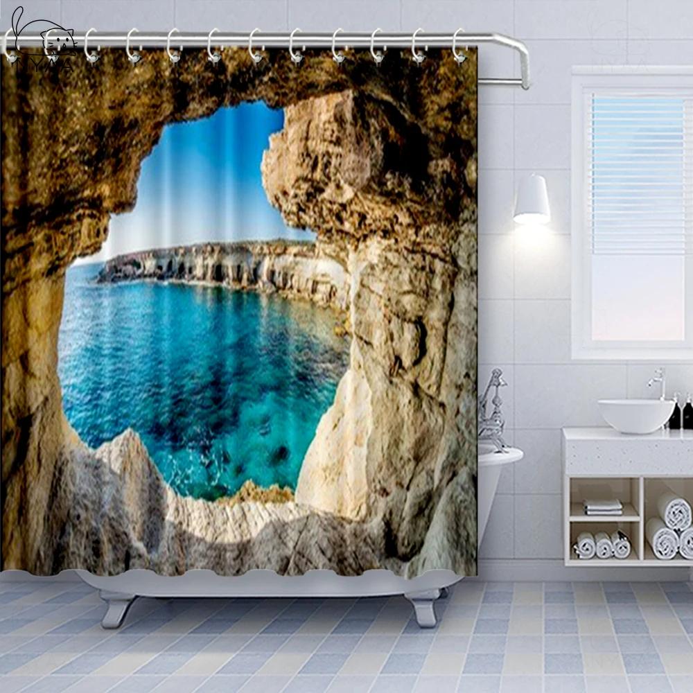 

Greece Shower Curtain Sea Cave on Zakynthos Island Greece Vacation Relaxing Seascape Coastline Picture Bathroom Decor Set