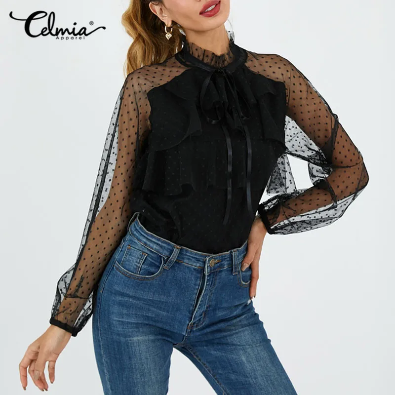 

Осень 2021, Женская сетчатая блузка в горошек Celmia, пикантная прозрачная рубашка, вечерние топы с рукавами-фонариками, модные кружевные женски...