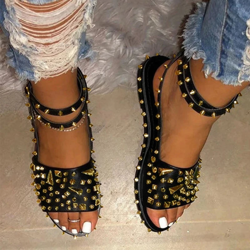 

2020 Women's Flats Sandals Rivet Cool Ladies Ankle Buckle Strap Punk Shoes Summer PU Female Plus Size Fashion New For Sharri