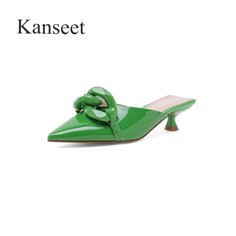 Kanseet Mules Slippers Party Dress Women Slippers White Pink Green Outdoors Shoes 4cm Mid Heels Slippers Female 2021 Summer New