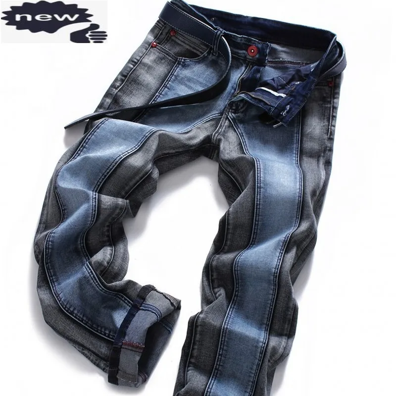 High Street Men Patchwork Jeans Casual Stretch Straight Trousers Plus Size 44 Fashion Pocket Zipper Biker Denim Pants Male