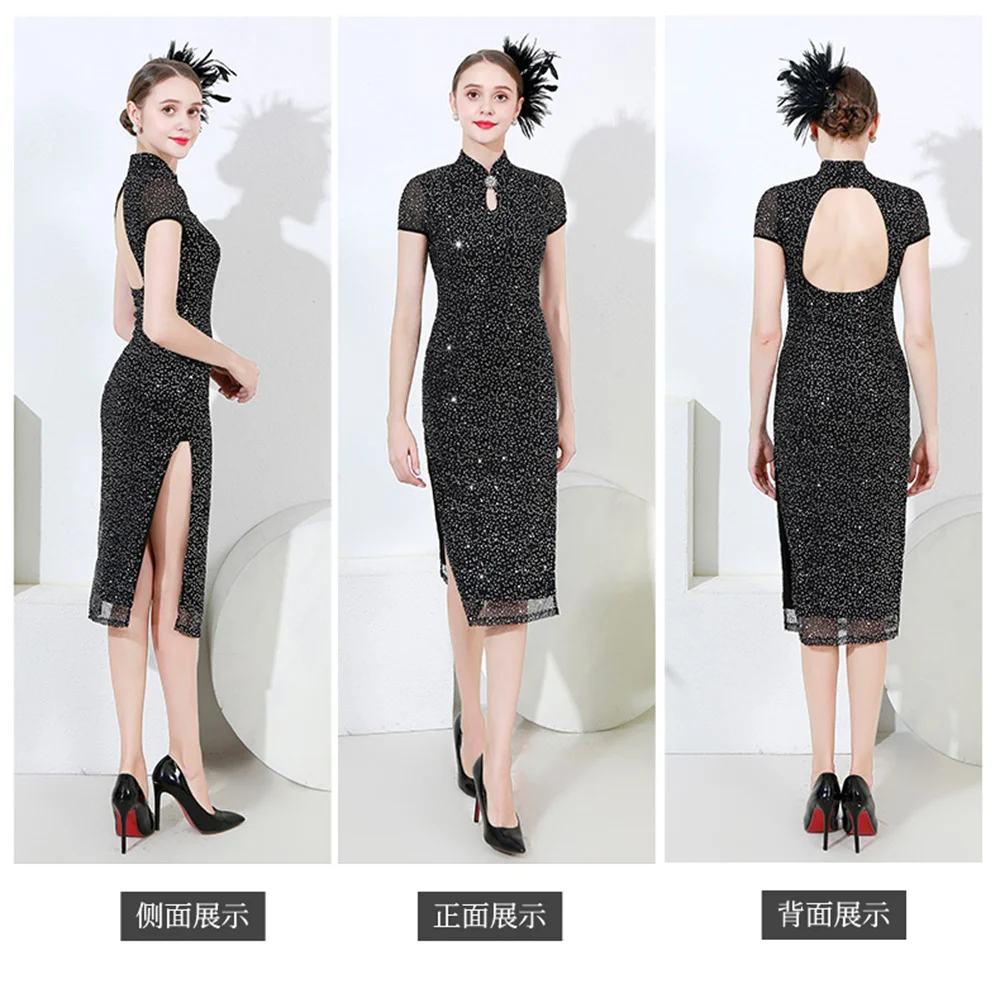 

2021 Banquet Black Sequins Luxurious Cheongsam Dresses Women Sexy Slim Wedding Party Long Qipao Vintage Stage Show Clothes