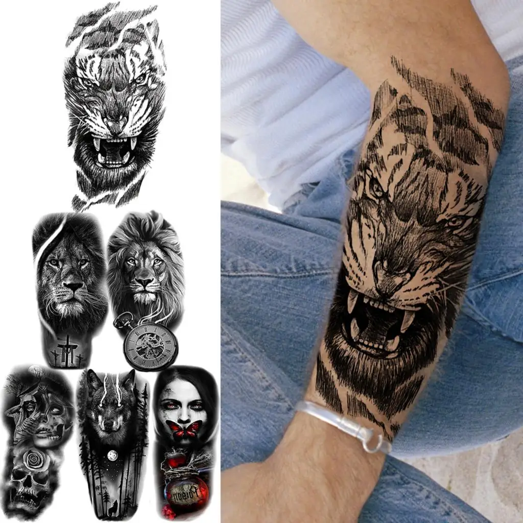 

Временные татуировки 3D с черным тигром для мужчин и женщин, для взрослых, для мужчин, с Львом, волком, черепом, компасом вампира, реалистичные временные татуировки с полурукавами