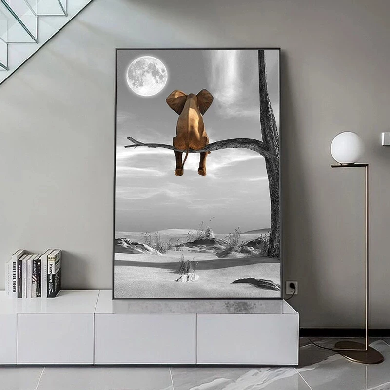 

Elephant on Tree Canvas Painting Animal Moon Nordic Poster and Prints Wall Art Picture for Kids Room Home Interior Decor Cuadros