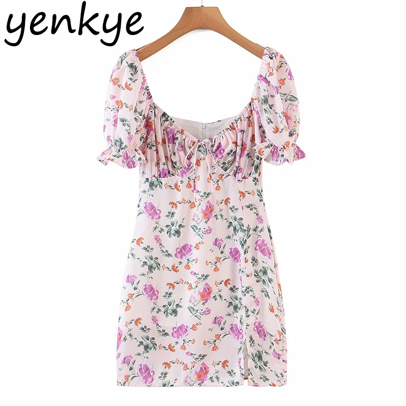 

YENKYE Summer Women Hem Slits Floral Print Dress Female Sexy Off Shoulder Short Sleeve Bodycon Mini Dress Chiffon Vestido