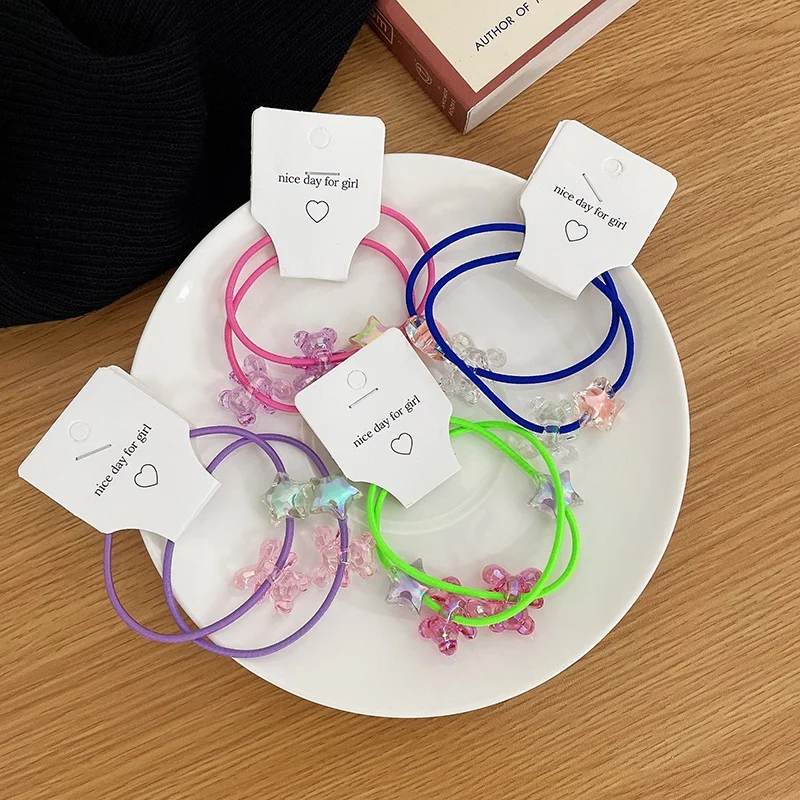 

2 Pcs Candy-Colored Bear Hair Tie Sweet And Versatile Fluorescent Hair Ring Head Rope Girl Heart Rubber Band Hair Accessory