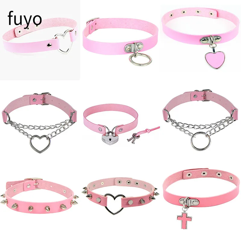 

Sexy Punk Choker Necklaces Collar Pink Leather Choker Neck Bondage Cosplay Goth Jewelry Women Gothic Male Necklace Accessories
